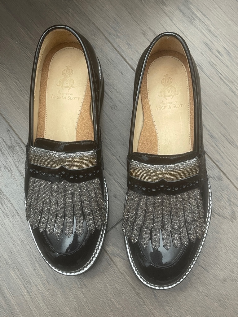 Office Of Angela Scott Patent Fringe Loafers In Black And Silver